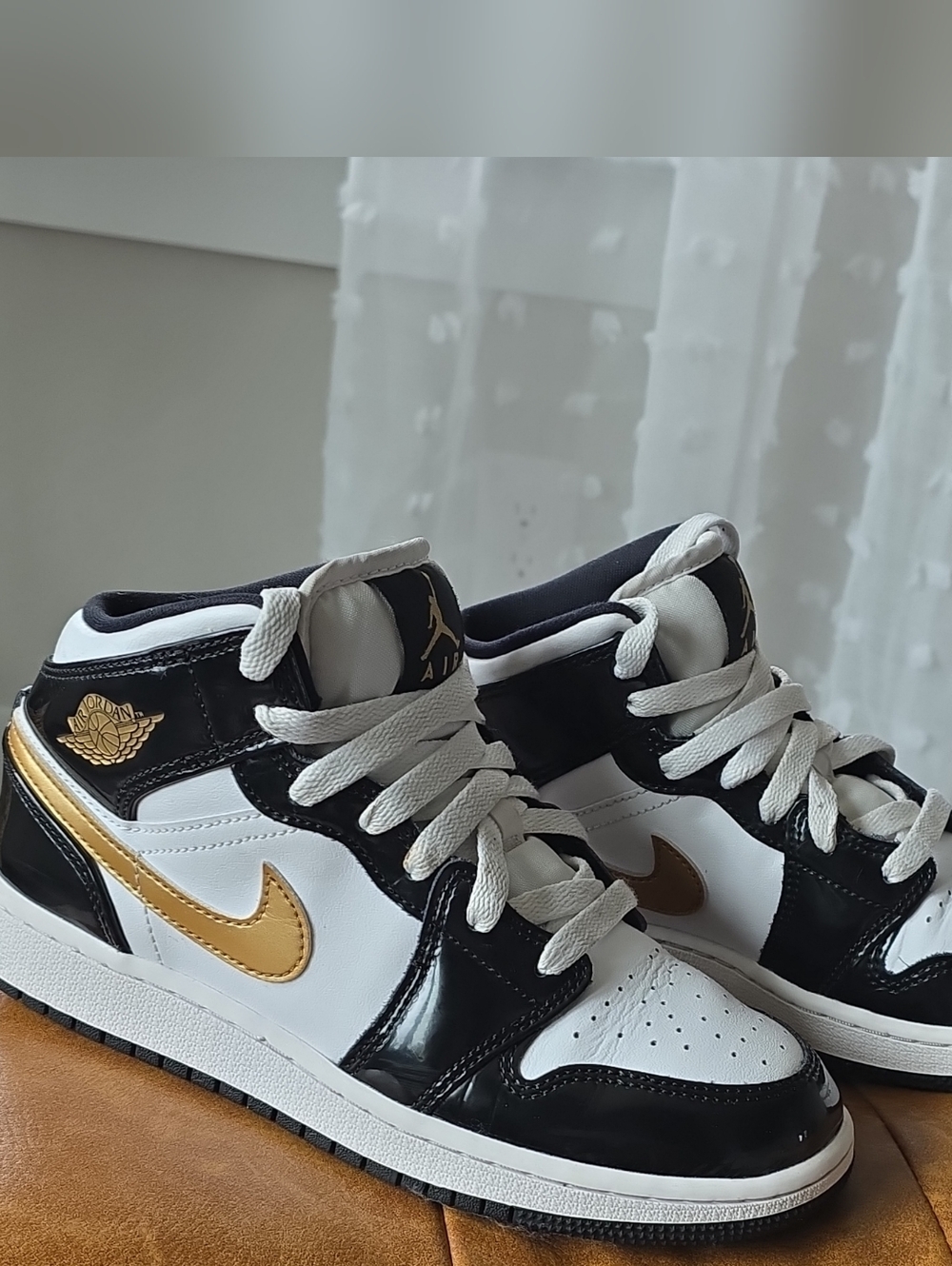Nike Kids' Air Jordan 1 Mid White Black with Gold Swoosh